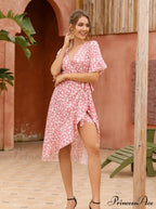 Boho Floral Print Vintage Midi Dress with Ruffle Sleeves for Women