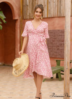 Boho Floral Print Vintage Midi Dress with Ruffle Sleeves for Women