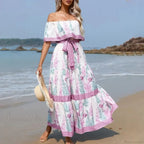 Boho Off-Shoulder Ruffle Floral Print Maxi Floral Dress