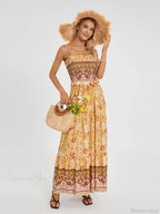 Boho Retro Floral Swing Spaghetti Straps Belted Long Floral Dress