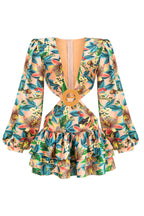 Boho Style Long Sleeve Cutout Tiered Beach Vacation Dress - Floral