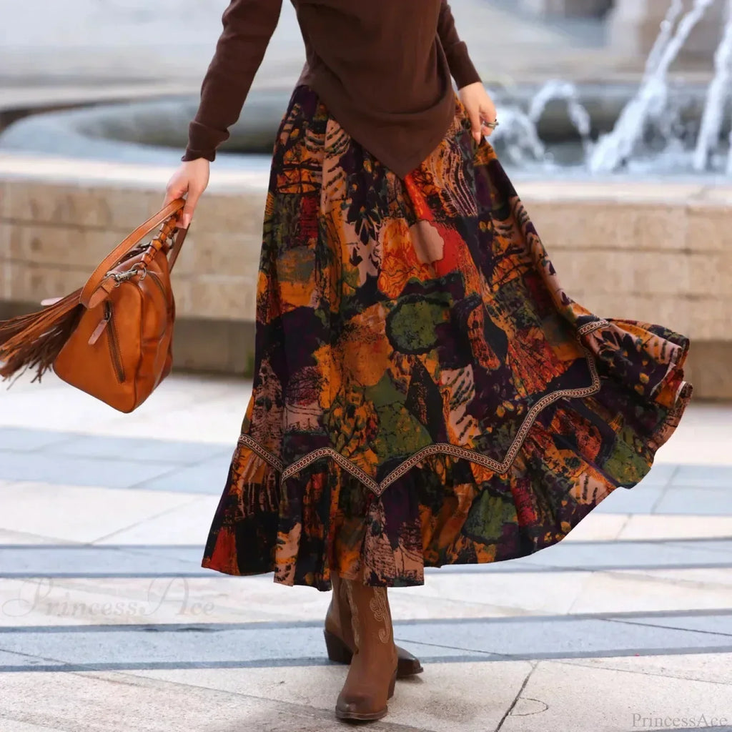 Boho Style Maxi Skirts Painting Printing Design Romantic Vintage A-line