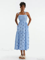 Boho Summer Flower Embroidery Tie-Up Shoulder Shirred A-Line Beach Dress