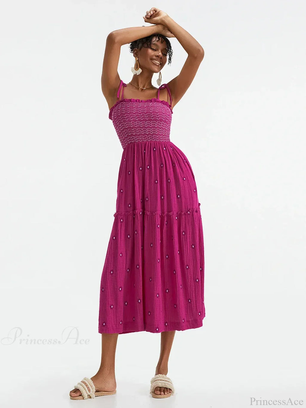 Boho Summer Flower Embroidery Tie-Up Shoulder Shirred A-Line Beach Dress