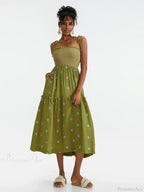 Boho Summer Flower Embroidery Tie-Up Shoulder Shirred A-Line Beach Dress