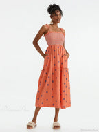 Boho Summer Flower Embroidery Tie-Up Shoulder Shirred A-Line Beach Dress