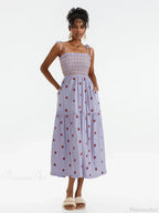 Boho Summer Flower Embroidery Tie-Up Shoulder Shirred A-Line Beach Dress