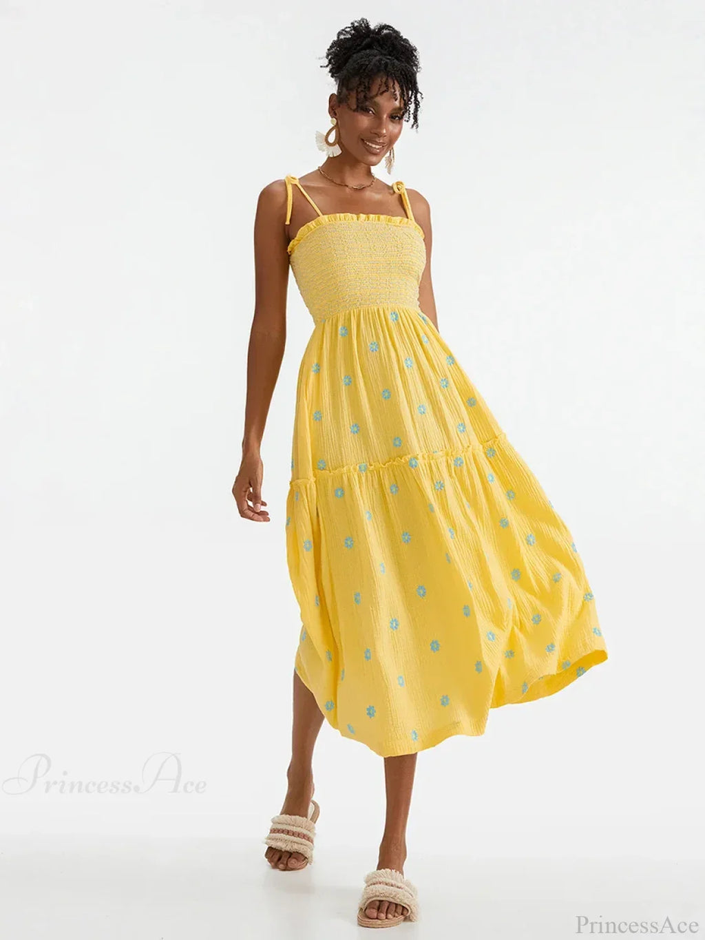Boho Summer Flower Embroidery Tie-Up Shoulder Shirred A-Line Beach Dress