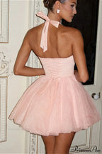Boned Halter Tie-Back Lace Trim Party Dress