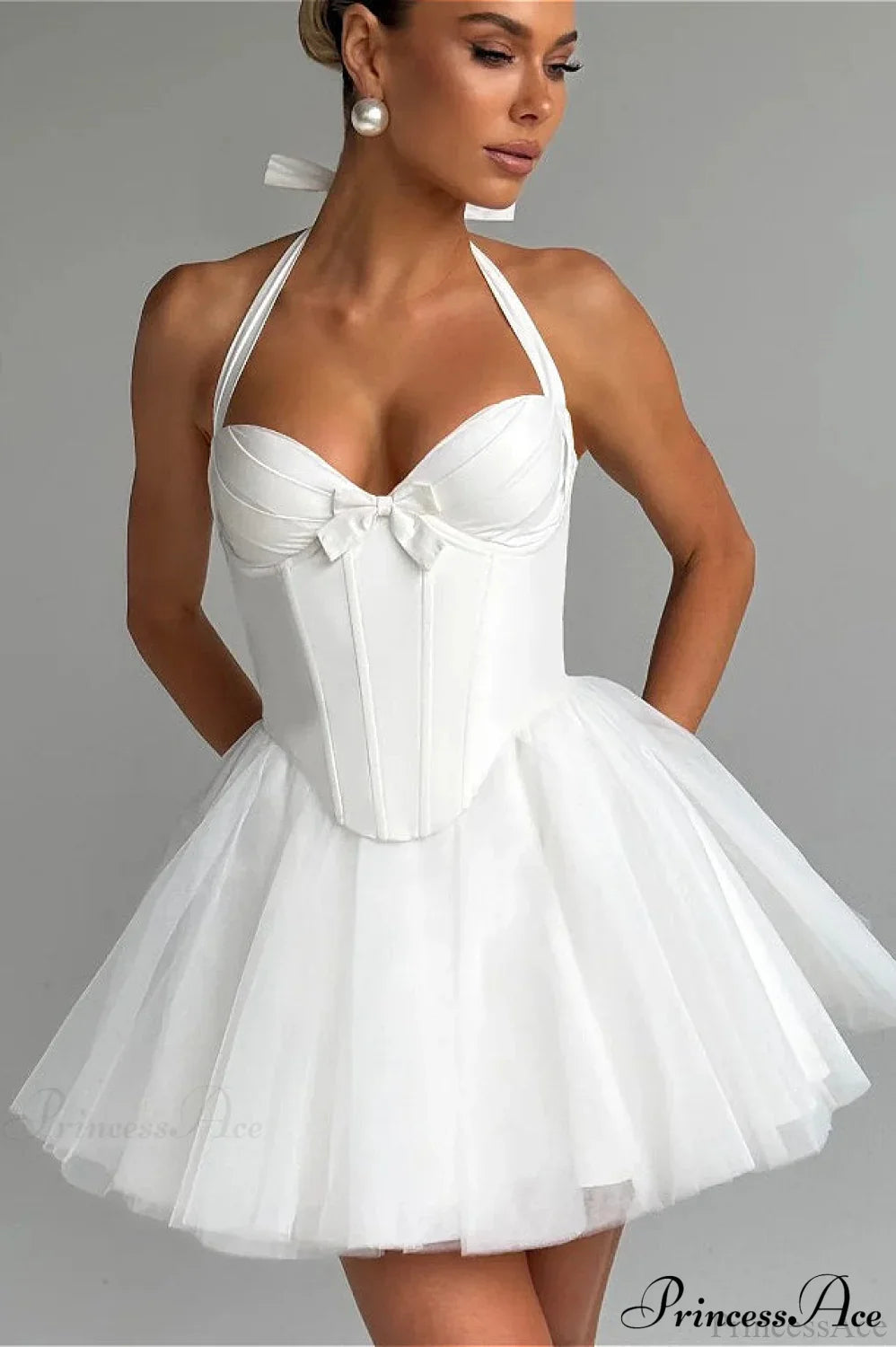 Boned Halter Tie-Back Lace Trim Party Dress