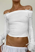 Bow Belted Off Shoulder Backless Long Sleeve Crop Top
