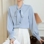 Bow Champagne Satin Long Sleeve Office Lady Blouse