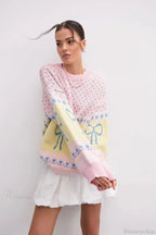 Bow Color Block Crew Neck Outer Wear Warm Lazy Knit Sweater