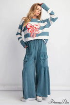 Bow Detail Jacquard Crewneck Long Sleeve Sweater