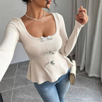 Bow Knit Casual Long Sleeve Ruffled Pullover Slim Knit Top
