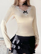 Bow Patchwork Lace Trim Halter V-Neck Long Sleeve Knit Top