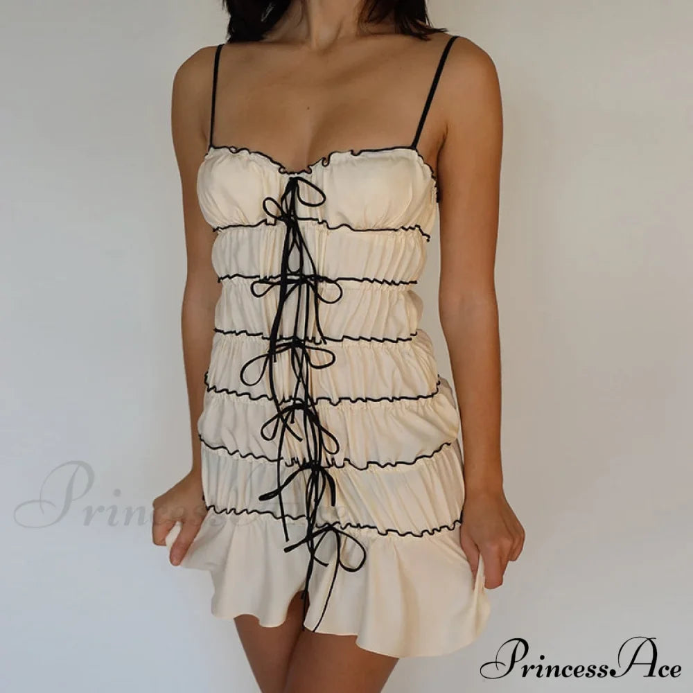 Bow Ruched Design Charming Mini Strap Dress