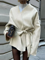 Bow Tie Lace-Up V-Neck Belted Overcoat