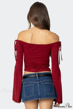 Bow Tie Off Shoulder Long Sleeve Crop Top
