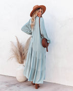 Bowdan Tiered Boho Maxi Dress Soft Blue