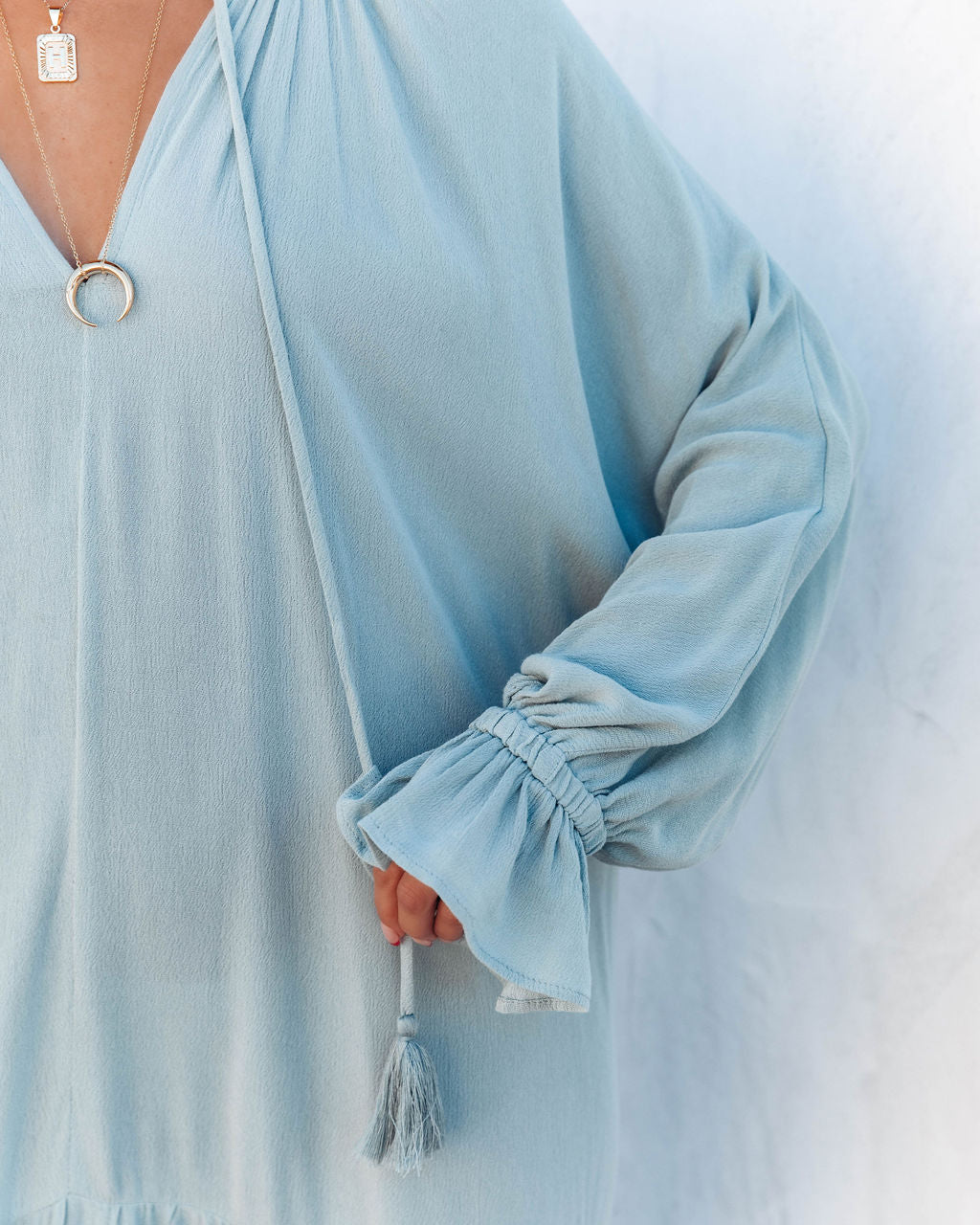 Bowdan Tiered Boho Maxi Dress Soft Blue