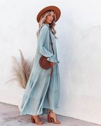 Bowdan Tiered Boho Maxi Dress Soft Blue