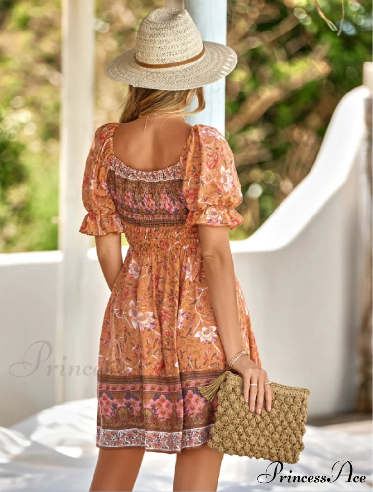 Boxy Patterned Warm-Season Bohemian Neckline Dress