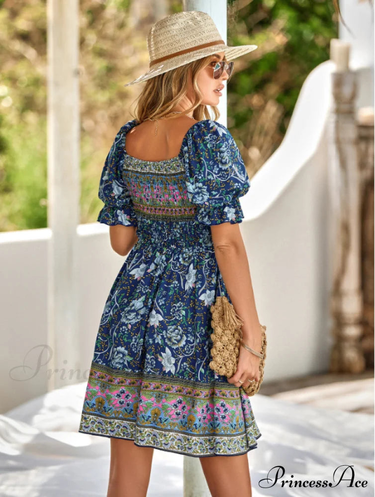 Boxy Patterned Warm-Season Bohemian Neckline Dress