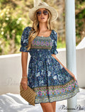 Boxy Patterned Warm-Season Bohemian Neckline Dress
