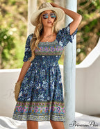 Boxy Patterned Warm-Season Bohemian Neckline Dress
