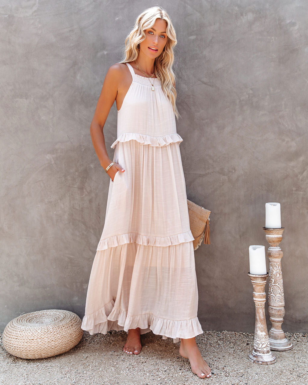 Brave Soul Pocketed Halter Maxi Dress Champagne