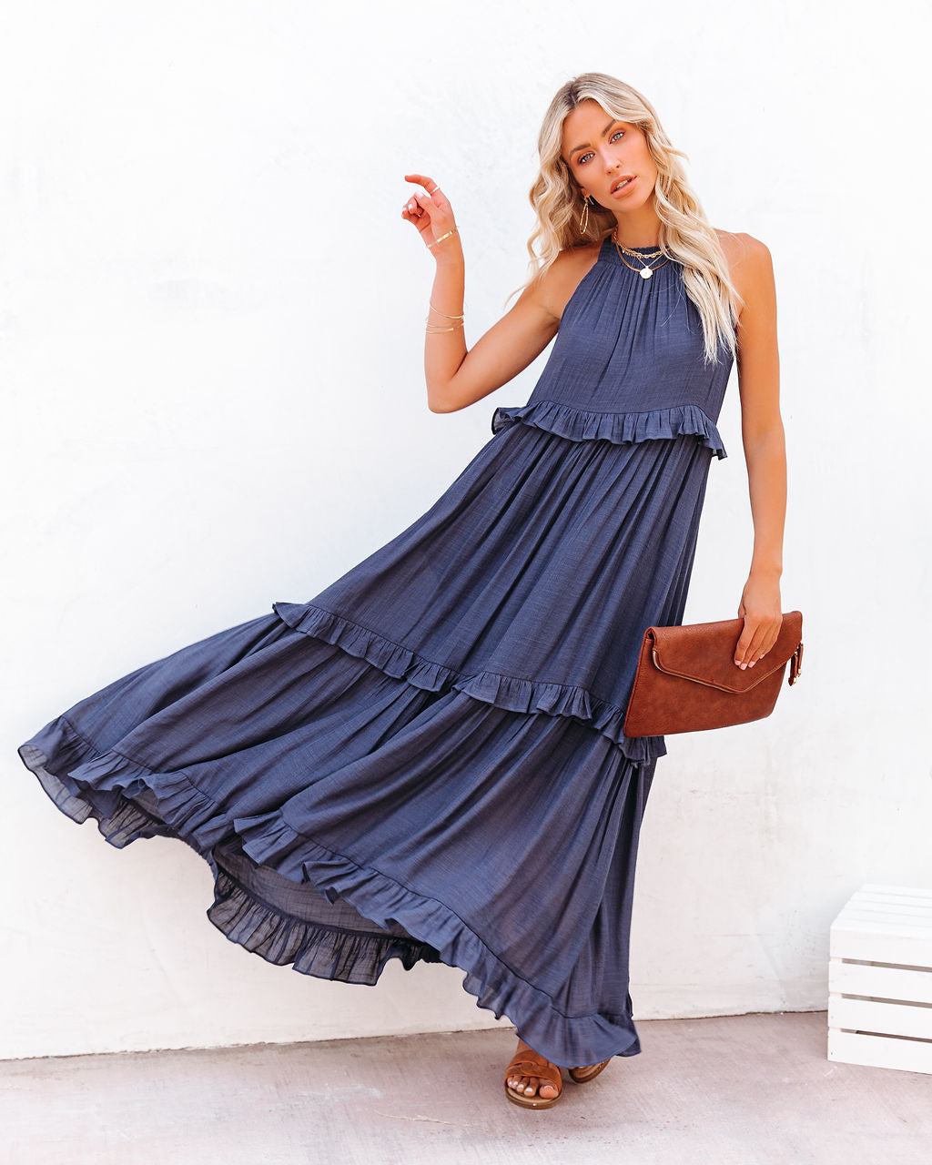 Brave Soul Pocketed Halter Maxi Dress Navy