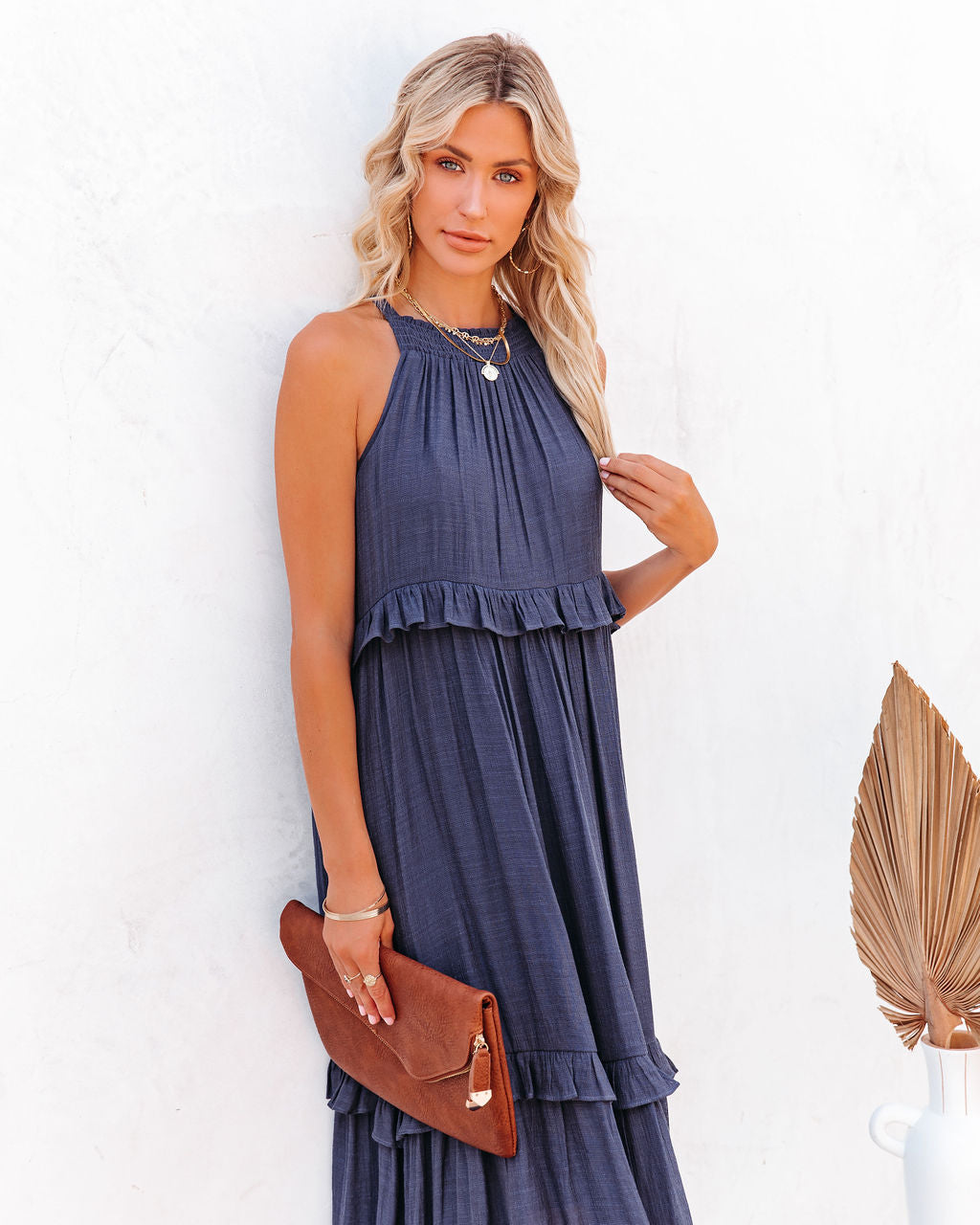 Brave Soul Pocketed Halter Maxi Dress Navy
