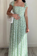 Breezy Square Neck Pleated Fit & Flare Split Floral Printed Midi Dress - Green