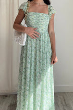 Breezy Square Neck Pleated Fit & Flare Split Floral Printed Midi Dress - Green