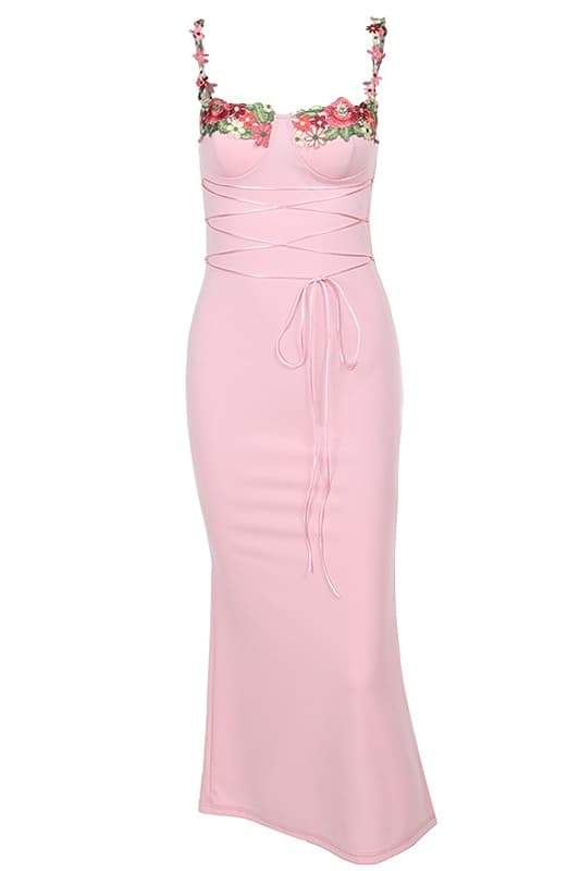 Leonor Chic Midi Dress with Floral Embroidery and Laces Elevated Occasion Wear