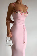 Leonor Chic Midi Dress with Floral Embroidery and Laces Elevated Occasion Wear