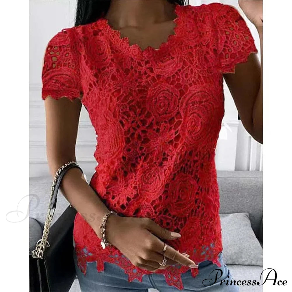 Brief Pink Neck White Casual Women's Blouse Round Black Lace Arm Basic Plain Blouse