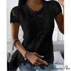 Brief Pink Neck White Casual Women's Blouse Round Black Lace Arm Basic Plain Blouse