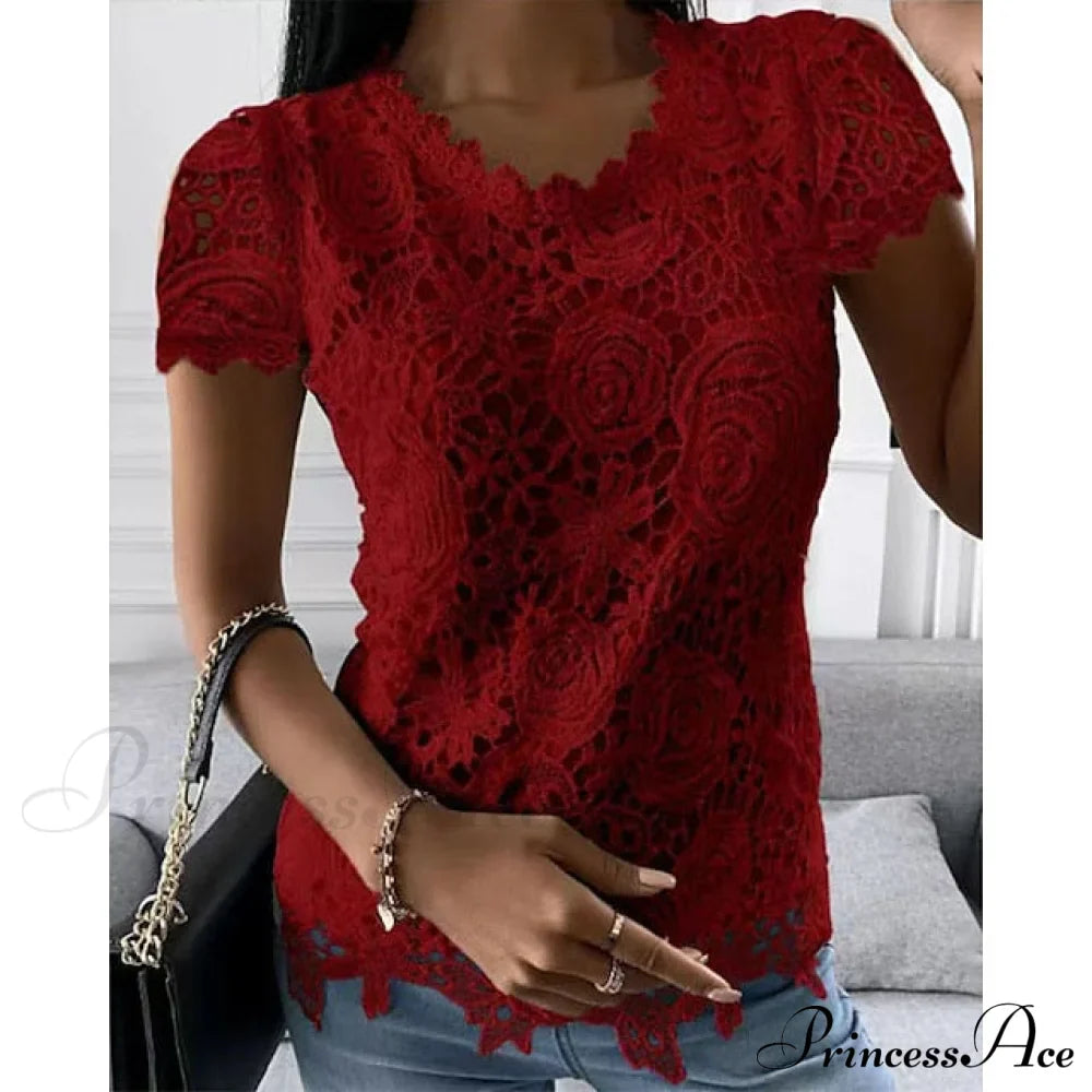 Brief Pink Neck White Casual Women's Blouse Round Black Lace Arm Basic Plain Blouse