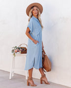 Briley Pocketed Tencel Button Down Midi Dress Chambray