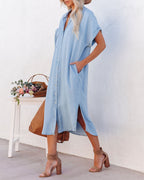 Briley Pocketed Tencel Button Down Midi Dress Chambray
