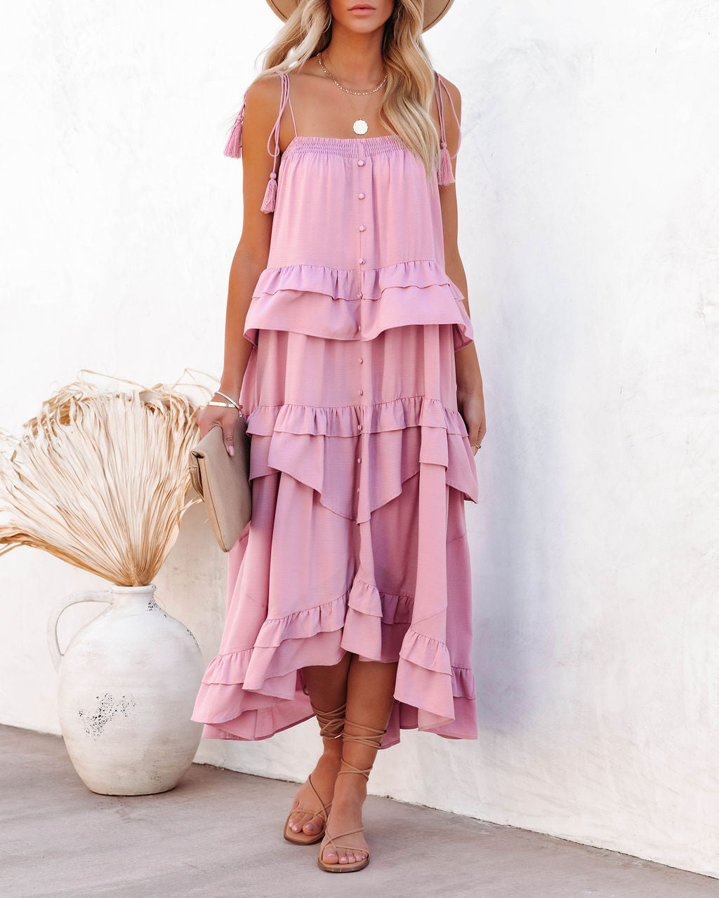 Brisbane Tiered Tassel Midi Dress Mauve