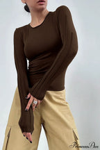 Brown Color Blocked Skinny Crew Neck Long Sleeve Tee