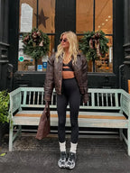 Brown Cropped Lapel Leather Coat