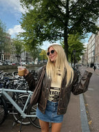 Brown Cropped Lapel Leather Coat