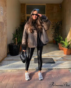 Brown Faux Leather Charming Black Lining Fur Jacket
