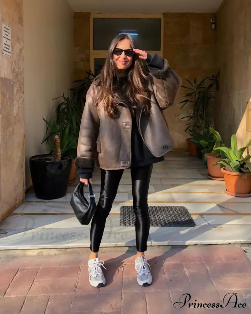 Brown Faux Leather Charming Black Lining Fur Jacket