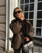 Brown Faux Leather Charming Black Lining Fur Jacket