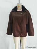 Brown Faux Leather Charming Black Lining Fur Jacket